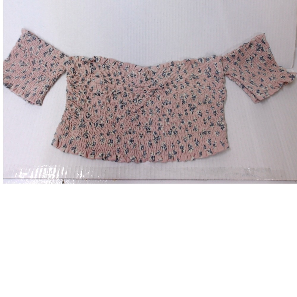 Storia Pink Floral‎ Smocked Off The Shoulder Crop Top Ruffle Sz L /#26465